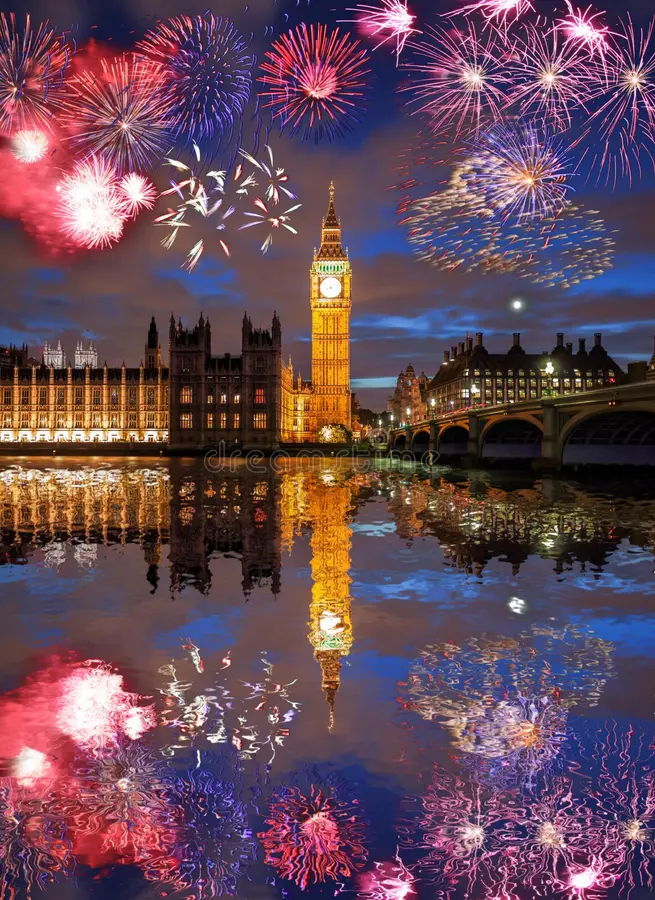 Big Ben et feux d’artifice à Londres